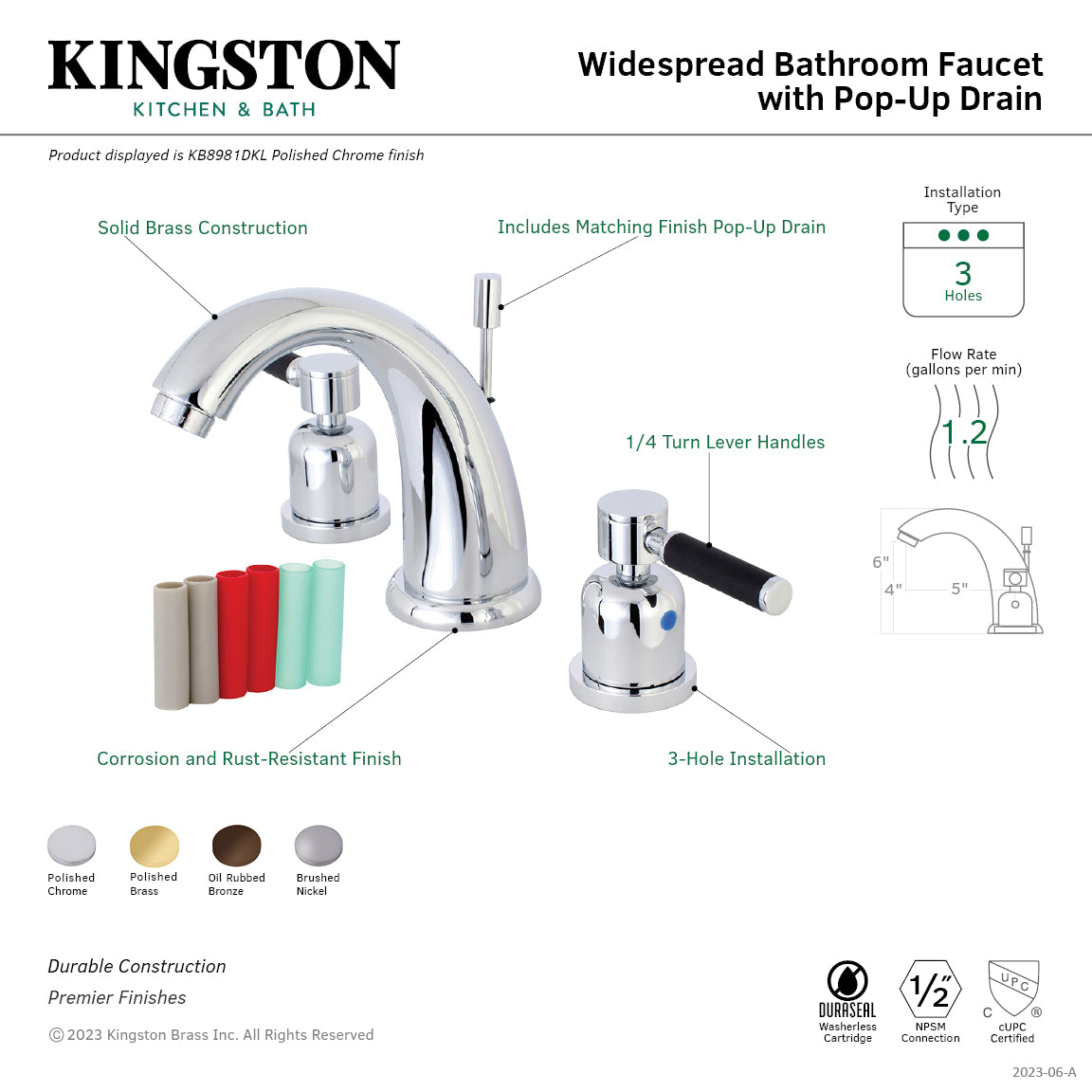 Kingston Tulare KB8985DKL - Kaiser Two-Handle 3-Hole Deck Mount Widespread Bathroom Faucet with Pop-Up Drain, Oil Rubbed Bronze — thumbnail 3